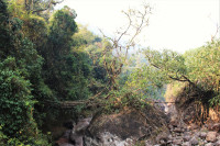 Nongriat 5, along with the remnant of the destroyed botanical structure, as seen from the steel wire bridge crossing the Simtung River.